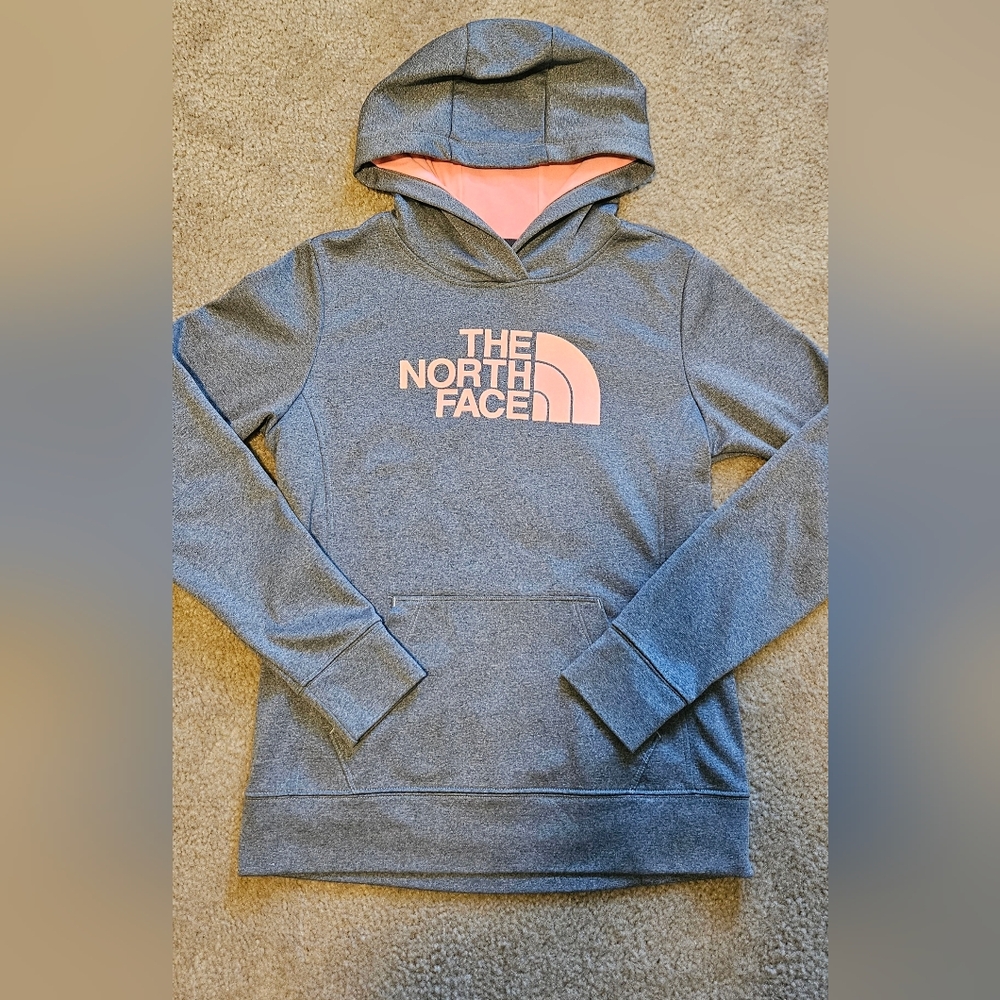 The North Face Heather Gray Hoodie with Pink Accents - Medium Womens